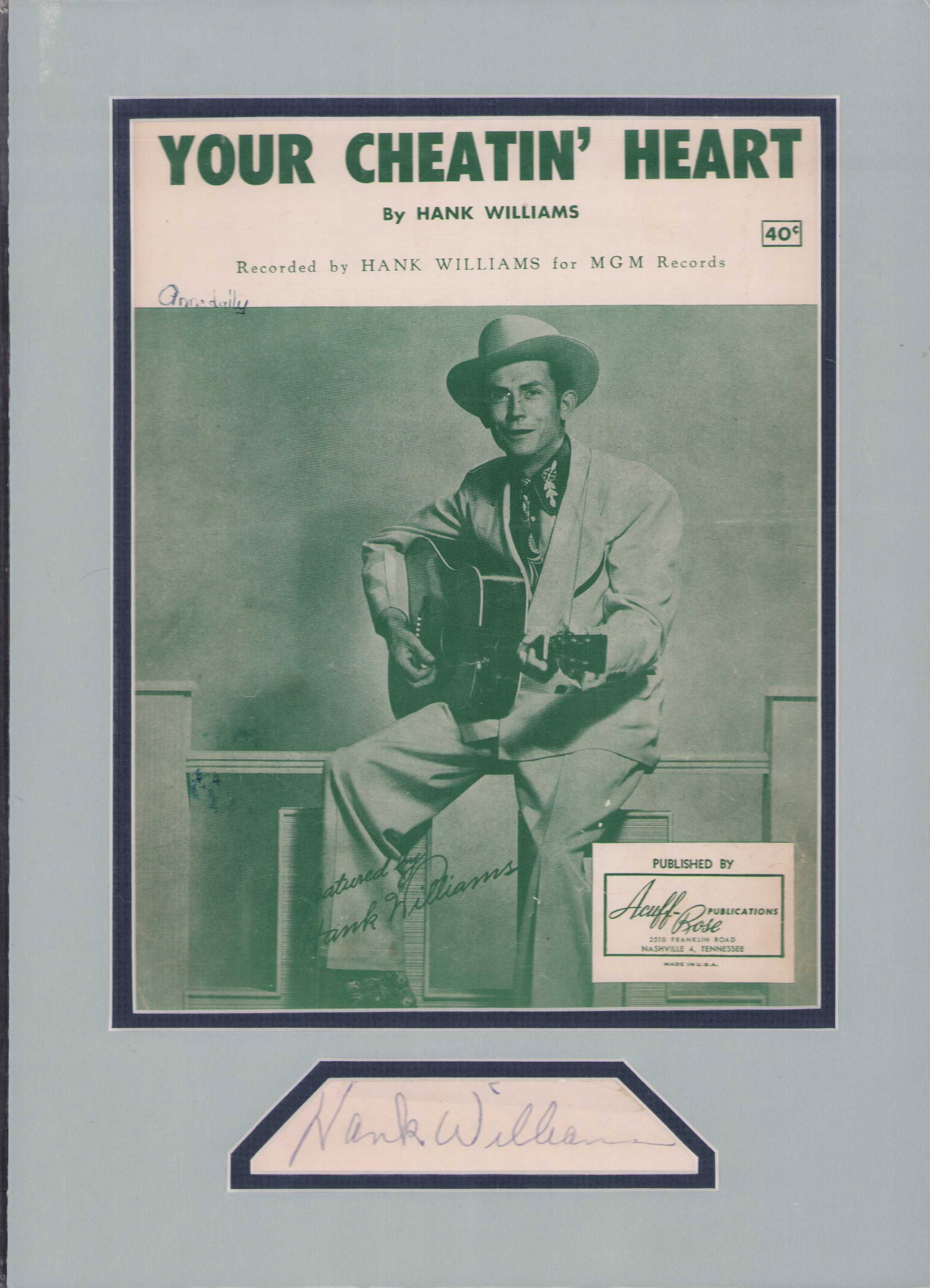 Hank Williams rare signature from Grand Ole Opry program: Matted autograph page from a grand Ole Opry program signed by the 30s legend and Father of Country Music Hank Williams Sr on the back of the matted piece is a Xerox showing the original signed sheet