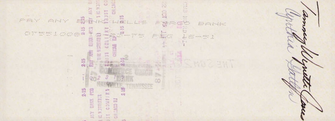 Tammy Wynette endorsed vintage check: A rare vintage check endorsed by country legend Tammy Wynette Certificate of AuthenticityEVERY item in this auction comes with at minimum one fully illustrated and serial numbered COA signed by the le