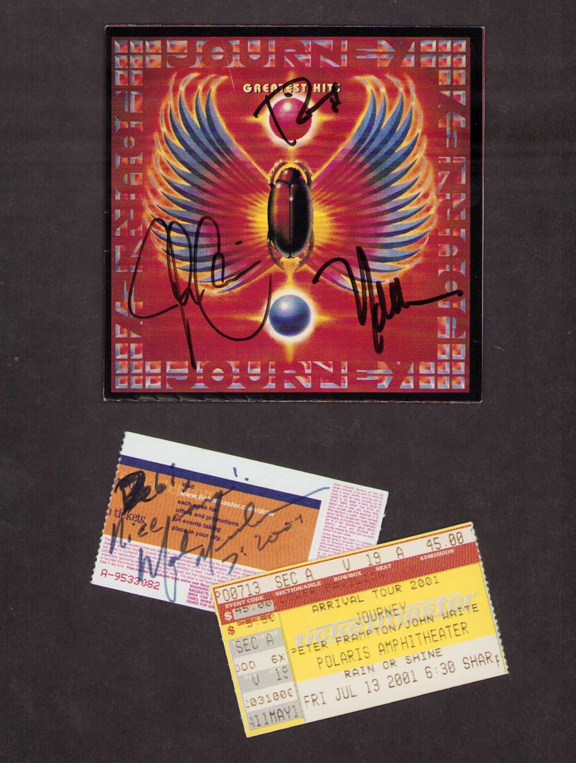 Journey signed CD and ticket: A matted by the person who got them cd cover signed and original concert ticket too Steve Perry and other band members Certificate of AuthenticityEVERY item in this auction comes with at minimum one f