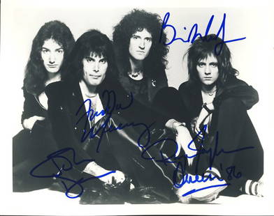 Queen Original 8x10 Publicity Photo Signed By All Four: Rare publicity photo from record company obtained by one of the executives. It is signed by Freddie Mercury, Brian May, Roger Taylor and John Deacon.