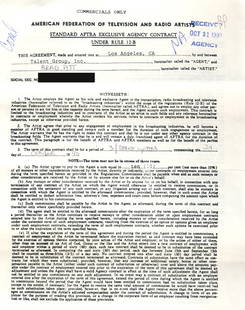 Brad Pitt Rare Signed Contract: Even seen a Pitt contract? This is a rare multi-page AFTRA agreement dated in 1990 near the beginning of his career. Signed and witnessed with even more rare early full signature.