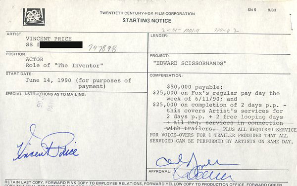 Vincent Price "Edward Scissorhands" Archive: One of a kind ensemble containing the paperwork from horror master Vincent Price's last film. Playing the role of "The Inventor" in the Tim Burton film "Edward Scissorhands" starring Johnny Depp. Incl