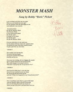 Bobby "Boris" Pickett Signed "Monster Mash" Lyrics: "Monster Mash" lyrics typed nicely on parchment and signed by the deceased singer Bobby "Boris" Pickett. This is THE Halloween song everybody sings each year!