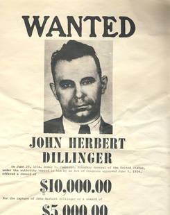 Rare Outdoor John Dillinger FBI Wanted Poster: This is a VERY rare John Dillinger outdoor FBI Wanted poster in very good condition. This large 11x17 poster showing "Public Enemy Number One" was placed on buildings and street poles whenever the