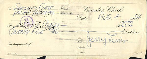 Jerry Lewis 1954 Handwritten Check: This is a handwritten counter check issued for cash by Jerry Lewis. The 1954 check was written and signed at the height of his fame opposite Dean Martin.