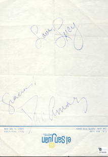 Lucille Ball and Desi Arnaz Signatures: Lucille Ball and Desi Arnaz have signed this scarce sheet of stationary from the El San Juan Hotel in San Juan, Puerto Rico. Signed in full by Desi adding the sentiment "gracias" and Lucy's typical