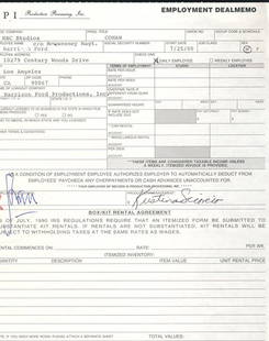 Harrison Ford Employment Deal Memo: Have you ever seen a Harrison Ford contract for sale? This is a one-page deal memo between NBC and McQueeney Management contracting Harrison Ford for an appearance on "Conan O'Brien". Signed by