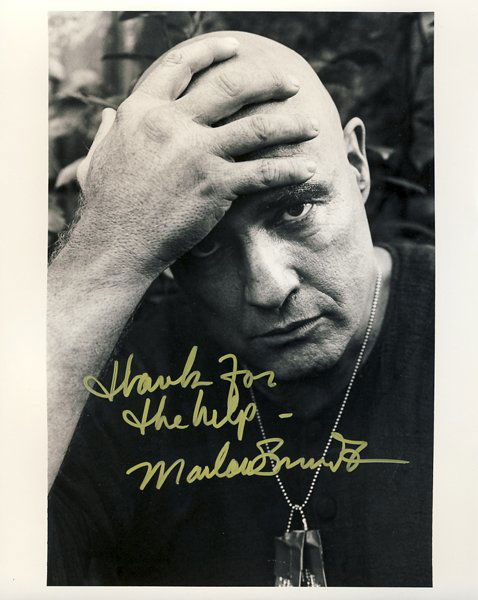 Marlon Brando Rare Unpublished Signed 8x10 Photograph: This is an exciting find. A rare unpublished image taken by famed photographer Mary Ellen Marks. It is an original silver gelatin from "Apocalypse Now" with Mary's stamp on the back and signed in gold