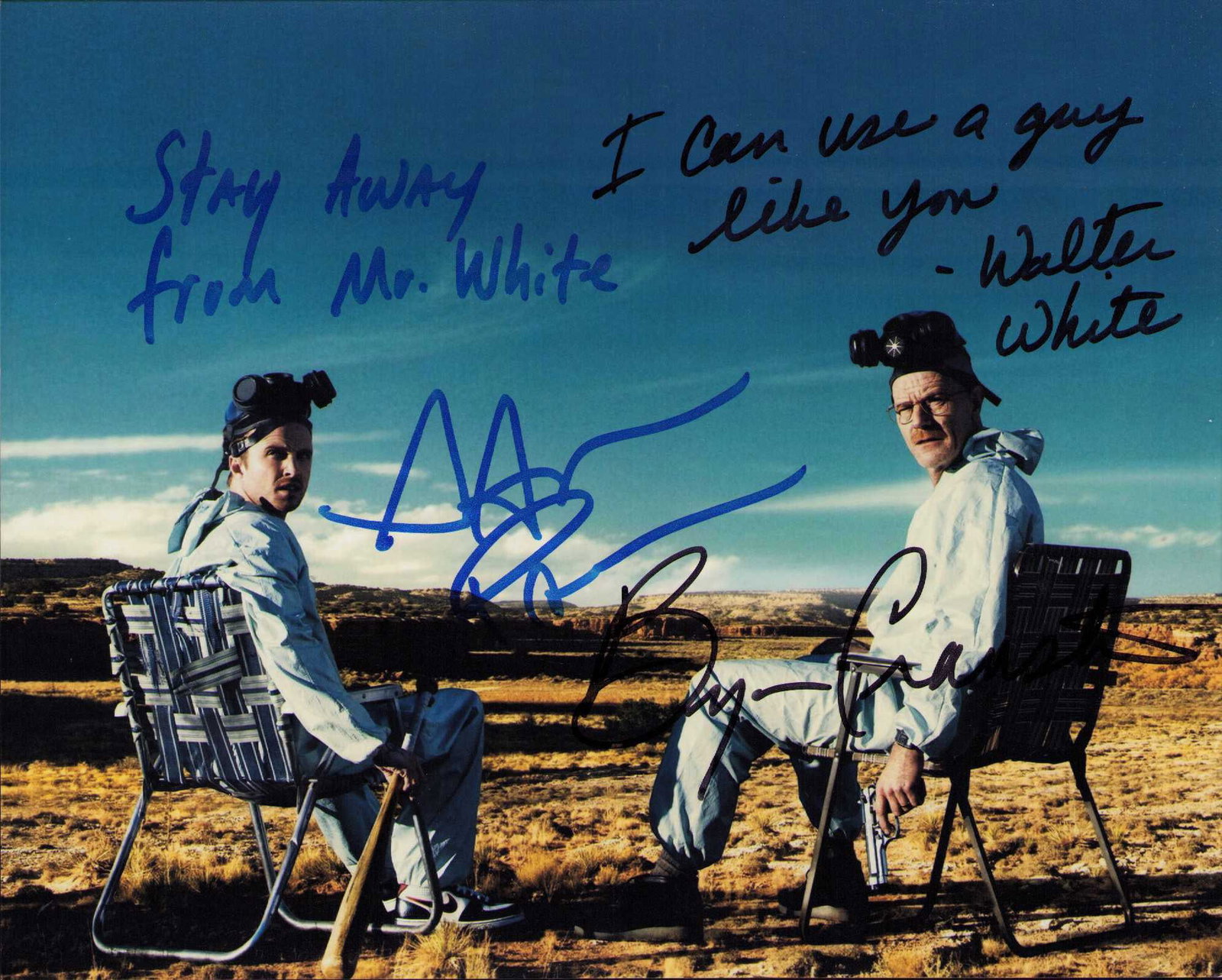 Breaking Bad cast signed with quotes Bryan Cranston and Aaron Paul: A wonderful RARE with two quotes written by both stars Bryan Cranston and Aaron Paul ! Certificate of AuthenticityEVERY item in this auction comes with at minimum one fully illustrated and serial