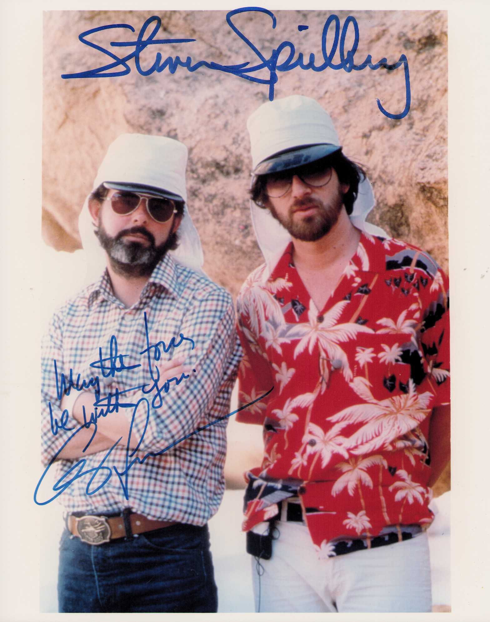 Steven Spielberg and George Lucas signed photograph: A vintage signed 8x10 by both legendary Directors George Lucas and Steven Spielberg signed decades ago example very nice and rare Certificate of AuthenticityEVERY item in this auction comes with at mi
