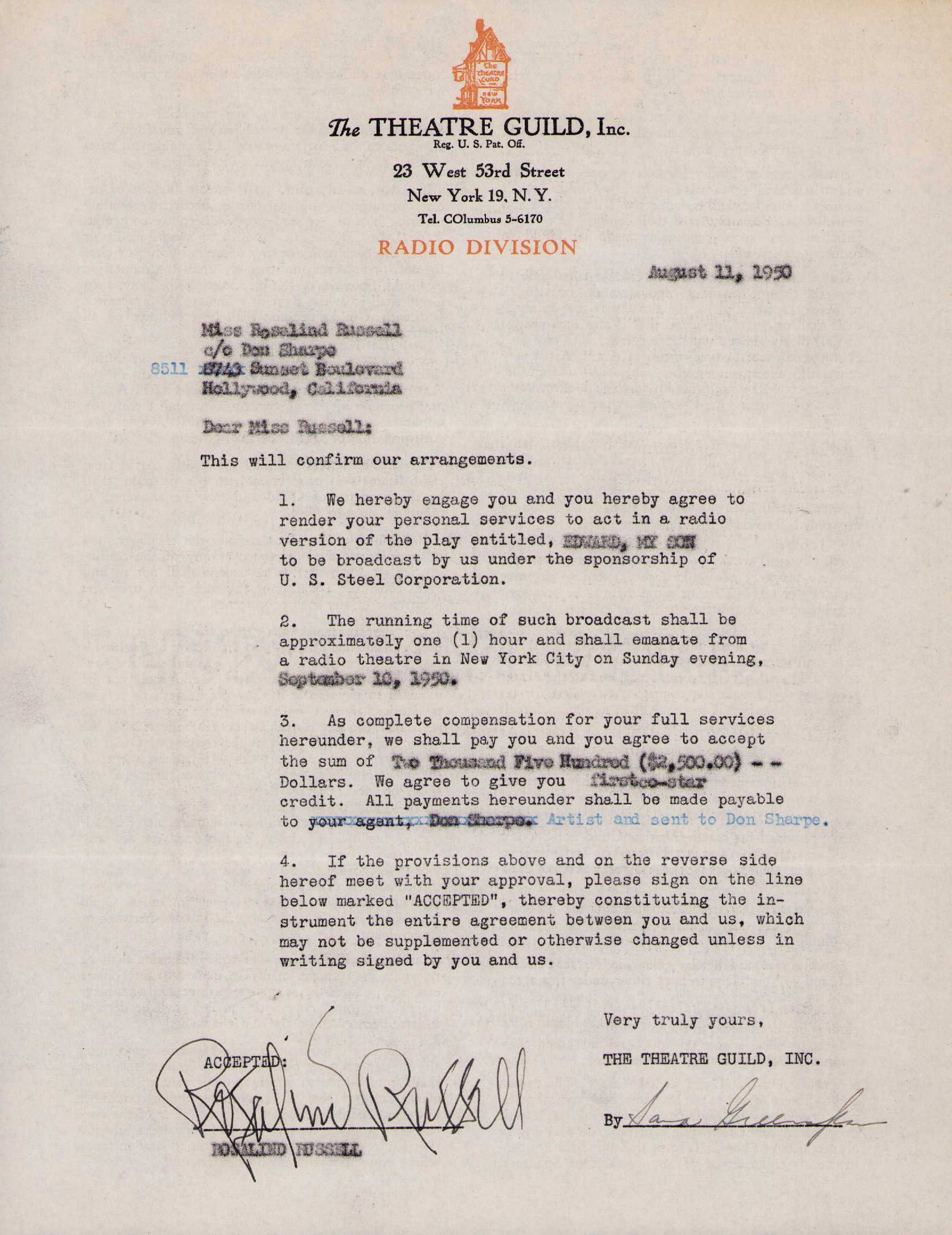 Rosalind Russell contract signed: A vintage signed contract by the MAME star Certificate of AuthenticityEVERY item in this auction comes with at minimum one fully illustrated and serial numbered searchable online COA signed by the lea