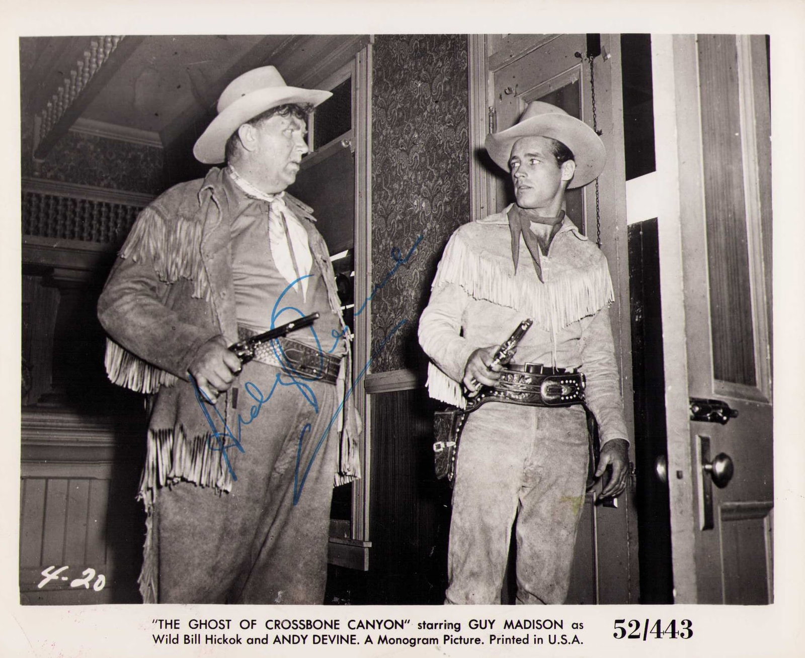 Andy Devine signed photograph: A vintage original still signed by the famed western star sidekick Certificate of AuthenticityEVERY item in this auction comes with at minimum one fully illustrated and serial numbered searchable onli