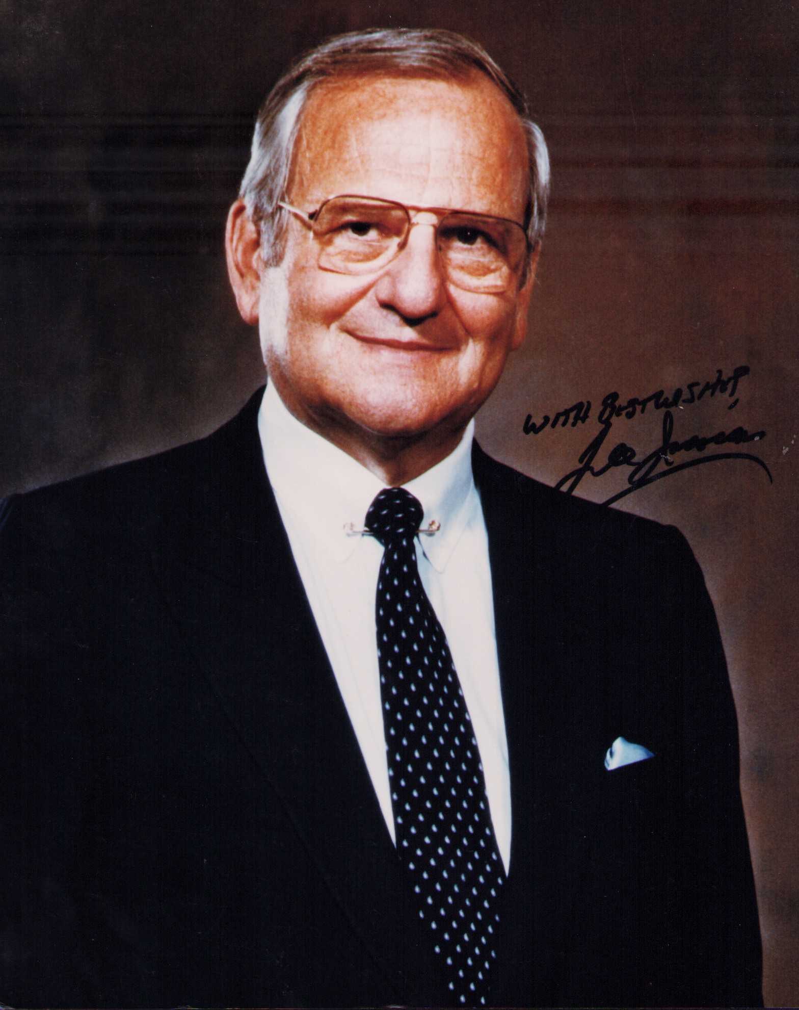 Lee Iacocca signed photograph: Famed Chrysler car CEO and legend in the automotive field Certificate of AuthenticityEVERY item in this auction comes with at minimum one fully illustrated and serial numbered searchable online COA