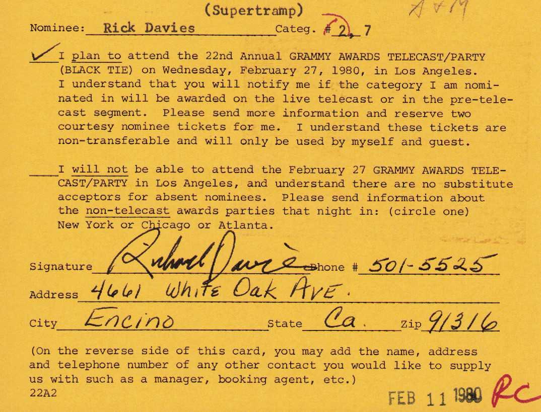 Rick Davies Supertramp RARE Grammy card signed: Rick Davies the lead singer of Supertramp signed 80s RSVP card for a Grammy telecast ! RARE and one of a kind Certificate of AuthenticityEVERY item in this auction comes with at minimum one fully illu