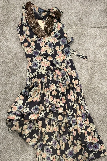 Hayden Panettiere Nashville worn dress: Custom floral silk dress with sequined collar worn in the series Nashville on scren with original wardrobe tags and LOA