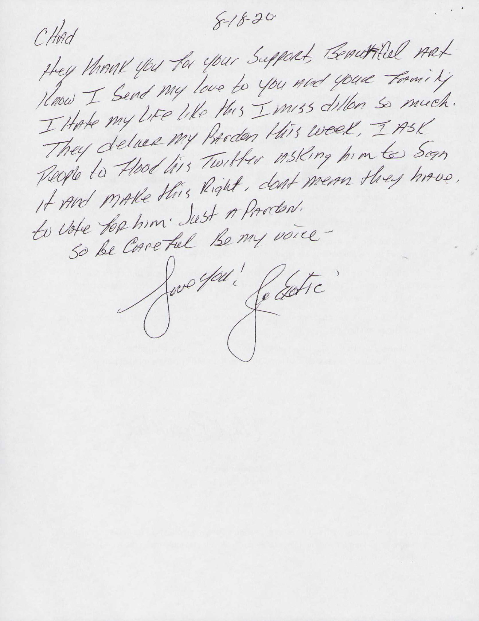 Joe Exotic letter signed: A rare letter written while in prison by the controversial reality star Certificate of AuthenticityEVERY item in this auction comes with at minimum one fully illustrated and serial numbered searchable