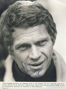 Steve McQueen Signed Original "Bullitt" Press Photo: Rare 7x9 black and white signed press photo from the film "Bullitt" starring Steve McQueen. This photo has been certified by Global Authentics and comes with a letter of authenticity as well as our ce