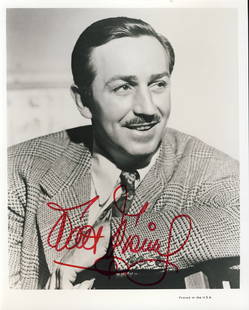 Walt Disney Vintage 60s Signed Photograph: Walt Disney vintage circa 1960s 8x10 black and white portrait signed in red felt tip for a fan who visited him at Disneyland during the last year of his life.