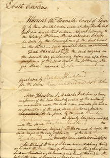 South Carolina Original Slave Document: A rare document with original paper seals intact. South Carolina legal sized on parchment court document selling a slave named Beem from a deceased man's estate to another man for the sum of $300.00.