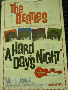 "The Beatles" Original "A Hard Day's Night" One Sheet P: Original "The Beatles" one sheet poster for "A Hard Day's Night". It is a 27x41 and on a scale of 1-10 would rate as a 9 or 10. Talk about a fabulous collectible for fans!