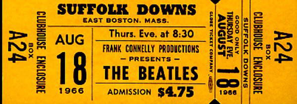 Rare Complete Unused "The Beatles" Concert Ticket: "The Beatles" rare complete ticket from the Suffolk Downs, Boston, Massachusetts show in 1966.