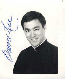 Bruce Lee Signed 3x4 Photograph: Incredible but small signed image of Bruce Lee that is 3x4 inches. It was used to put in his membership cards originally for his students he taught martial arts to. He signed this original image