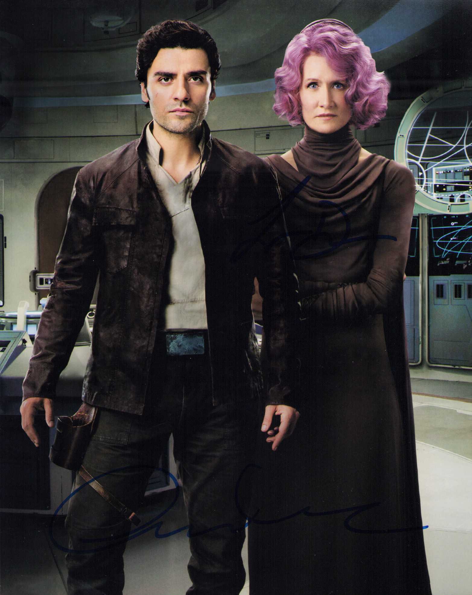 Oscar Isaac and Laura Dern signed photograph: A Star Wars still signed by both stars Certificate of AuthenticityEVERY item in this auction comes with at minimum one fully illustrated and serial numbered searchable online COA signed by the leading