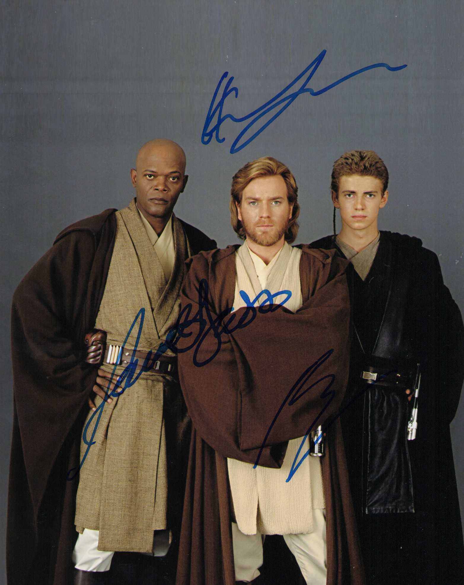 Star Wars cast signed photograph: RARE signed Jedi shot of Hayden Christensen Samuel L Jackson and Ewan McGregor Certificate of AuthenticityEVERY item in this auction comes with at minimum one fully illustrated and serial numbered
