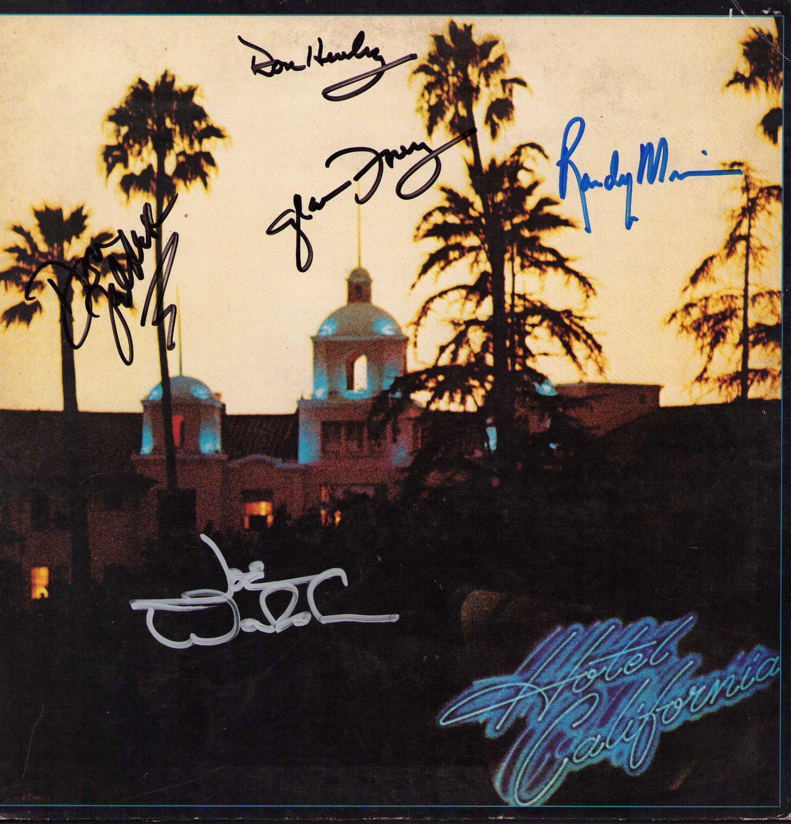Eagles signed LP: A rare Eagles signed LP by Don Henely Joe Walsh Glenn Frey Randy Meisner and Don Felder on THE classic LP Hotel California Certificate of AuthenticityEVERY item in this auction comes with at min one f