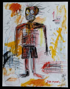 Jean Michel Basquiat Drawing (untitled): Basquiat (1960-1988) 8 1/2" x 11" Drawing, acrylic, pencil & colored pencil. Signed in block letters lower right verso. Present owner acquired work directly from artist.