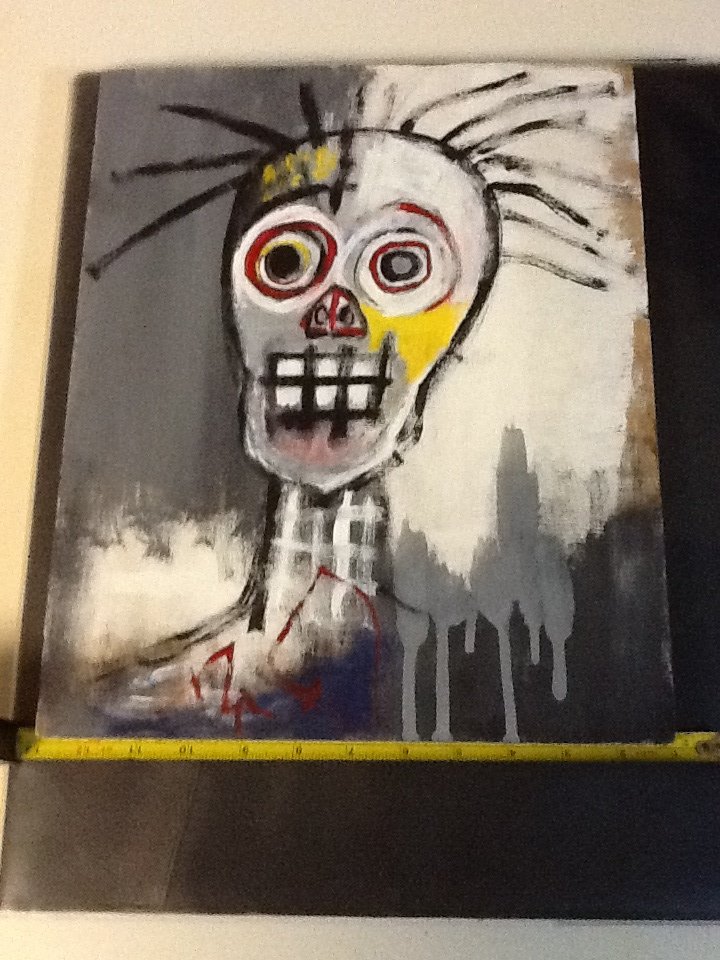 Basquiat ~ Painting on wood panel (Untitled): Basquiat (1960-1988) (Untitled) Painting on wood. Acrylic and spray paint. Signed in fine tip marker (that displays bleed) lower right on recto. 11 3/4" x 14 5/8" x 1/2". Present owner acquired work d