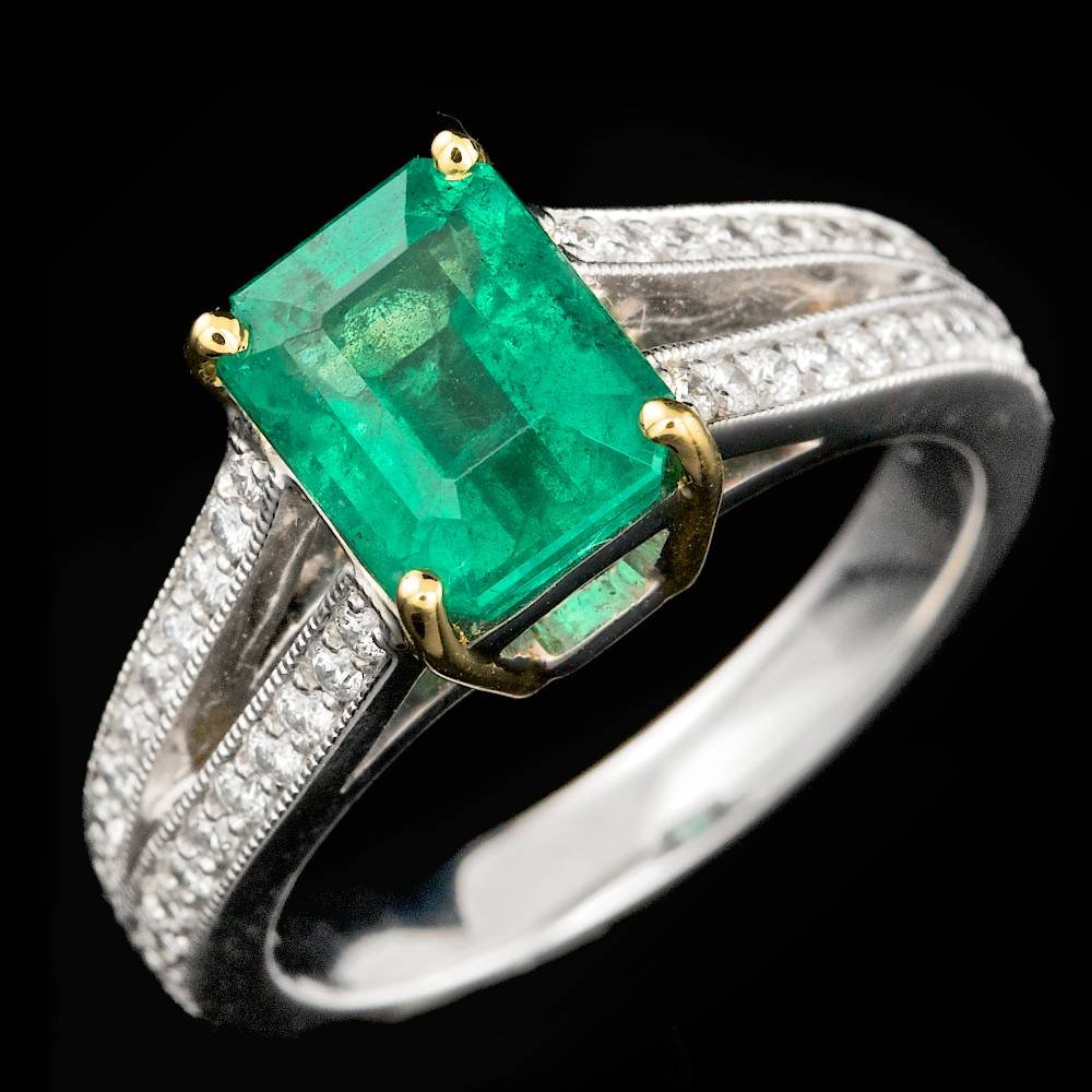 14k White Gold 1.50ct Emerald 0.30ct Diamond Ring: BHGL Certified: $21,500.00 This elegant ladies ring is crafted in solid 14k White Gold and features a 1.50 carat 100% Natural Emerald mined from Colombia + accented with 44 sparkling eye-clean natural