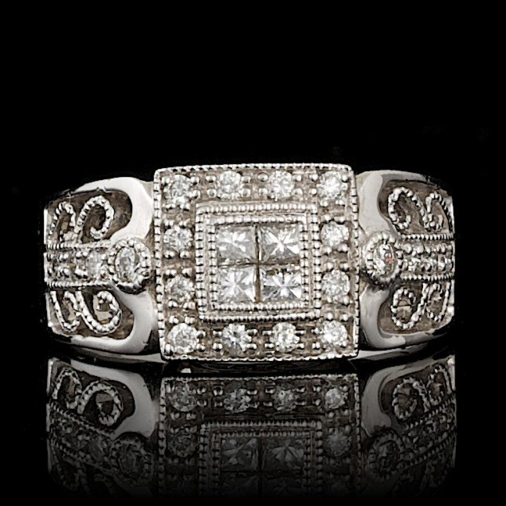 14k White Gold .5ct Diamond Ring: BHGL Certified: $2,404.00 This magnificent ladies ring is crafted in solid 14k White Gold and features 4 (0.25 ctw) 100% Natural Diamonds + accented with 20 sparkling eye-clean natural Diamonds, total