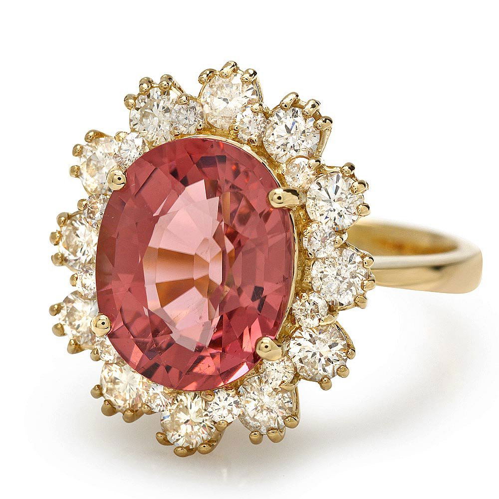 14k Gold 5ct Tourmaline 1.20ct Diamond Ring: BHGL Certified: $13,780.00 This luxurious ladies ring is crafted in solid 14k Yellow Gold and features a 5.00 carat 100% Natural Tourmaline mined from Brazil + accented with 24 sparkling eye-clean nat