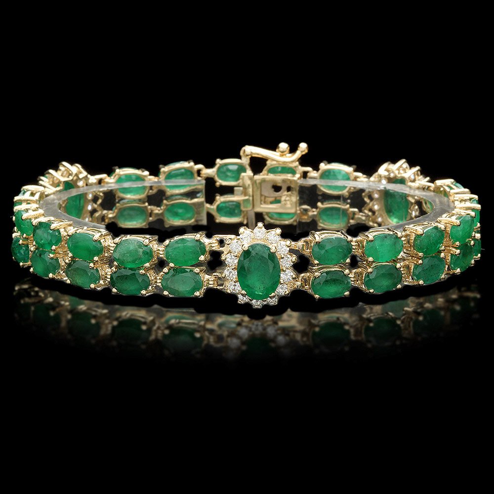 14k Gold 18ct Emerald 1.50ct Diamond Bracelet: BHGL Certified: $23,800.00 This luxurious ladies bracelet is crafted in solid 14k Yellow Gold and features 3 (3.50 ctw) 100% Natural Emeralds mined from Colombia + accented with 42 sparkling eye-clean