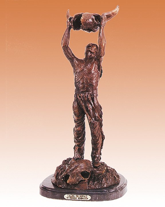 Frederic Remington Bronze Sculpture Calling the Buffalo: Calling the Buffalo - Frederic Remington. 25x12 This is a high quality real pure bronze sculpture (no mixes, no brass) This is a bronze sculpture created in the lost wax method and has a beautiful pat