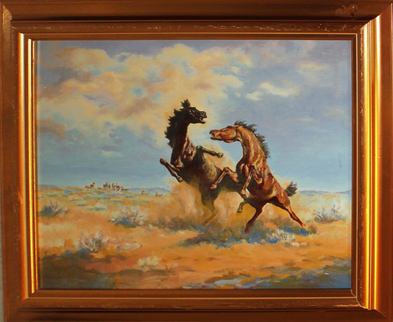 Arch Bacon-Limited Edition Giclee-Dueling Mustangs: Deuling Mustangs by Arch Bacon. Limited edition Hand signed and numbered by the artist giclee on archival canvas. Includes certificate of authenticity. Approx. Approx. size is 28x32.