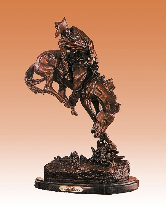 Frederic Remington-Bronze Sculpture-Outlaw: Outlaw-Frederic Remington. Size 26x18. This is a bronze sculpture created in the lost wax method and has a beautiful patina and is mounted on a fine Italian marble base. (1861-1909) Frederic Remington