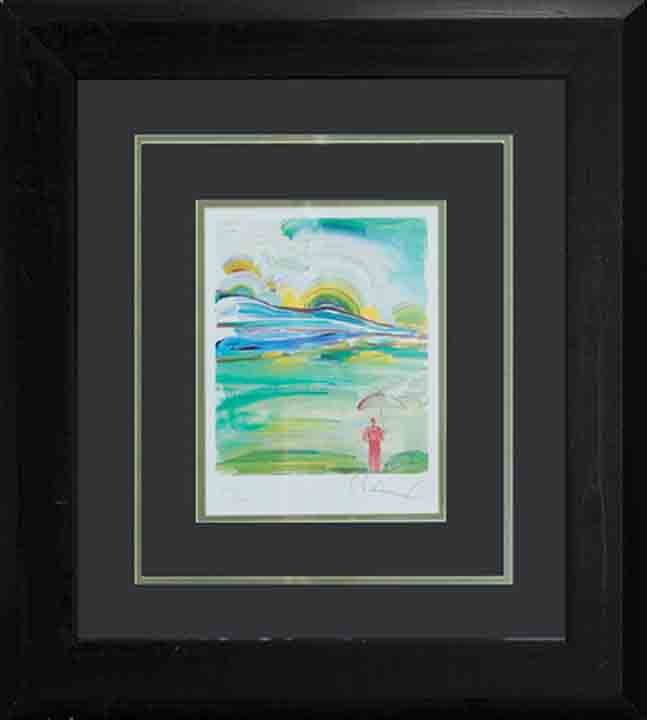 Peter Max Mixed Media Original Umbrella Man: Peter Max Mixed Media Original Umbrella Man, hand signed by the artist. One of a kind. Custom framed. approx 20x38. Includes certificate of authenticity.Peter Max (born Peter Max Finkelstein,1937) is