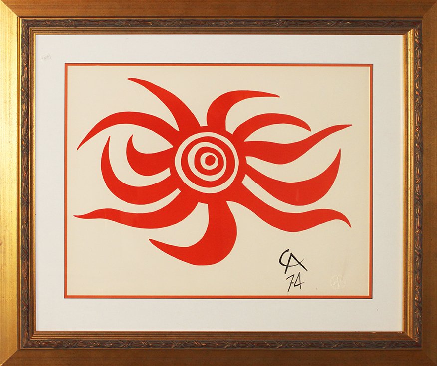Alexander Calder Sunburst Original Lithograph: Sunburst by Alexander Calder Signed and dated in the plate. Original stone lithograph. 1976. Includes certificate of authenticity. Custom Framed lithograph, Sunburst, 1974, after Alexander Calder (Ame