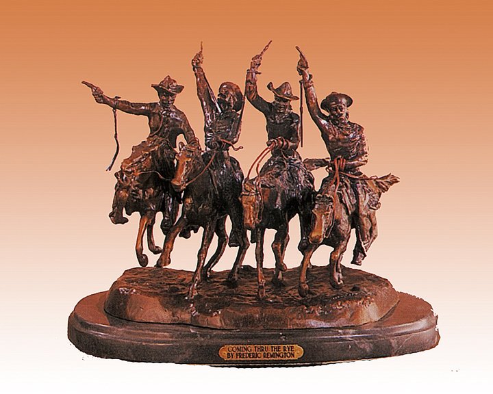 Remington Bronze Sculpture-Coming Thru the Rye: Coming thru the Rye-Frederic Remington. Size 13 inches long. This is a bronze sculpture created in the lost wax method and has a beautiful patina.(1861-1909) Frederic Remington depicted the life of th
