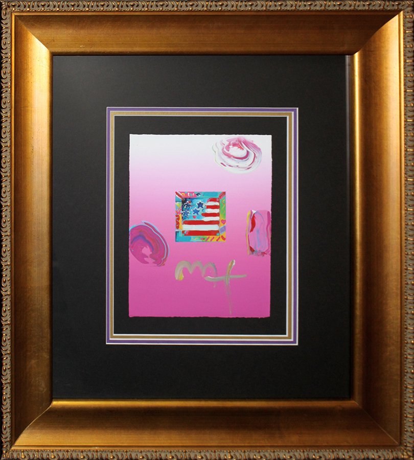 Peter Max Hand Signed Original Mixed Media on Canvas: Peter Max Mixed Media Original The Flag. One of a kind Original. Hand signed by the artist original. Custom framed. Approx 20x26 inches. Includes certificate of authenticity from Peter Max.