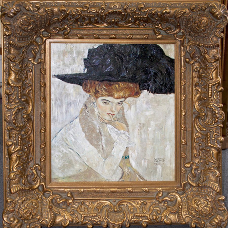 After Gustav Klimt- Limited Edition -Lady with Hat: Lady with Hat-Gustav Klimt. Mixed media embellished giclee limited edition of 27 on archival canvas. Includes Certificate of Authenticity. Custom framed. Approx 34x38 inches.