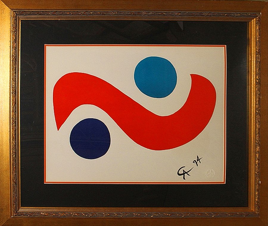 Alexander Calder Limited Edition Serigraph: The Wave 1974 Original Stone Lithograph by Alexander Calder. Signed. Includes certificate of authenticity. Custom framed. 28x32 1974, Alexander Calder (American, 1898-1976), initialed and dated CA '74