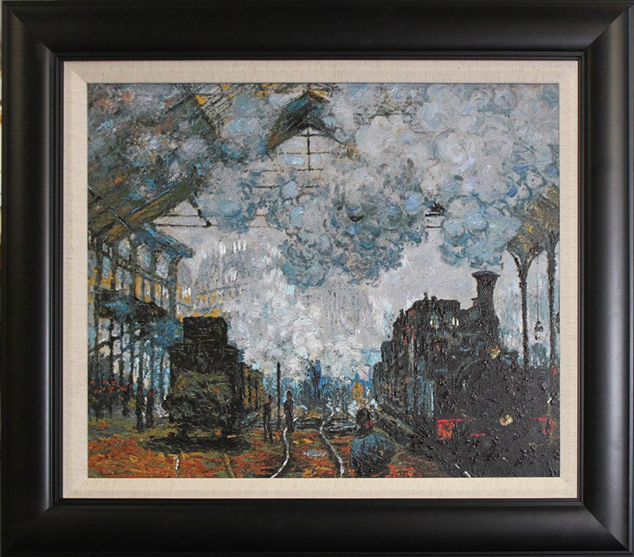 Train Station at St Lezare After Claude Monet: After Claude Monet Station at St Lezare. Approx 26x34 inches.Limited Edition hand embellished Giclee on canvas Saint-Lazare Station. Includes certificate of authenticity. The signature is in the plate