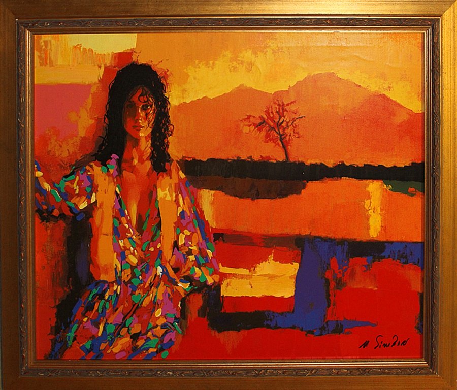Simbari Limited Edition Firey Sunset: Firey Sunset Limited edition giclee on canvas hand signed and numbered by the artist. approx size is 30x40 inches. Includes certificate of authenticity. Nicola Simbari Born 1927 in Italy.