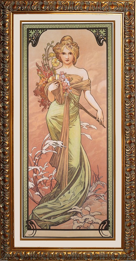 Spring After Alphonse Mucha: Mucha Spring. Alphonse Mucha Approx 16x33 inches. Giclee on canvas. Custom framed.