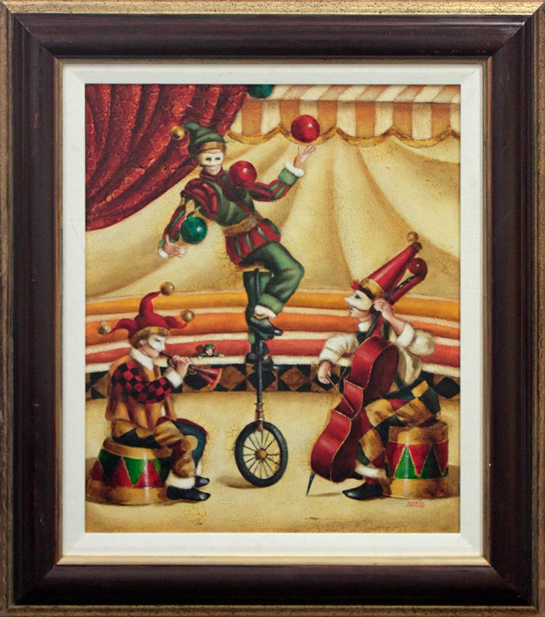 Edgar Barrios Original Oil on canvas Circus Unicylist: Edgar Barrios Original Oil on canvas Circus Unicylist Approx 26x32 inches Includes certificate of authenticity. Hand signed by the artist. Custom framed.