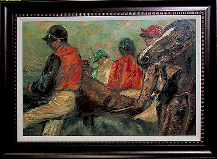 Edgar Degas-Jockeys & Horses: Edgar Degas-Hand Embellished Limited Edition giclee-Jockeys & Horses Approx 28 x 40. The signature is in the plate. Custom framed. Includes certificate of authenticity