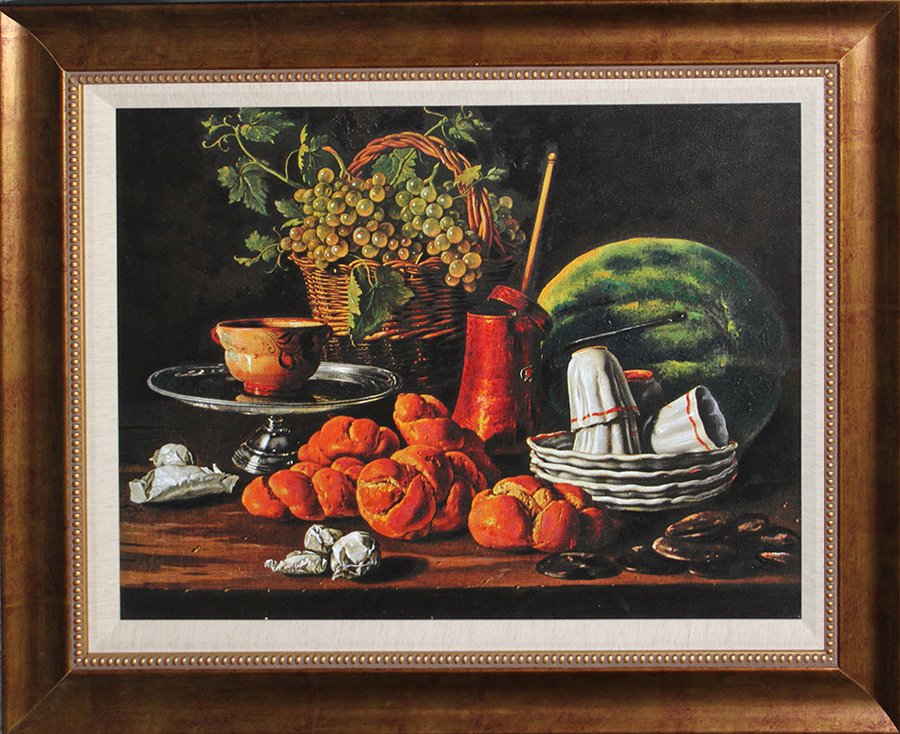 Luis Melendez-Limited Edition- Still Life with Melon: Luis Melendez-Limited Edition on canvas hand embellished Giclee-Stillife with Melon Approx 26 x 38. Includes certificate of authenticity. Custom framed.